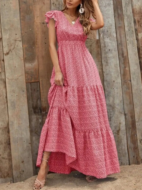 printed-v-neck-ruffled-cap-sleeve-maxi-dress OhSoStyled - Sophia's Style in Gray-6